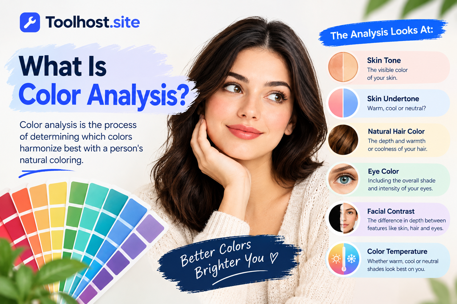 What is color analysis showing skin tone, undertone, hair color, eye color, facial contrast, and color temperature