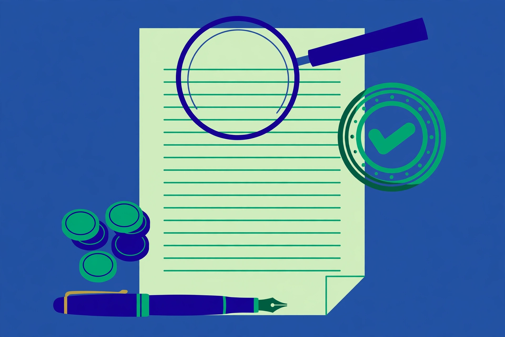 Checking an amount written in words on a document with a magnifying glass and approval stamp