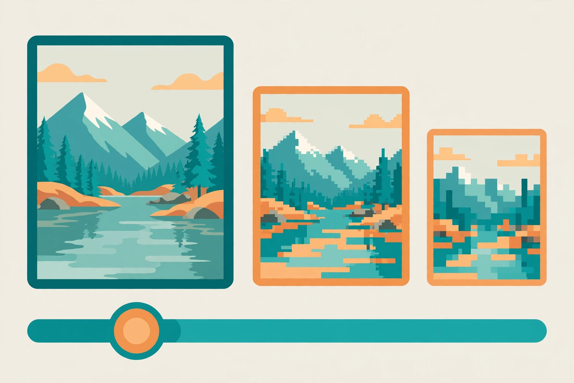 The same photo at three compression quality levels with a quality slider