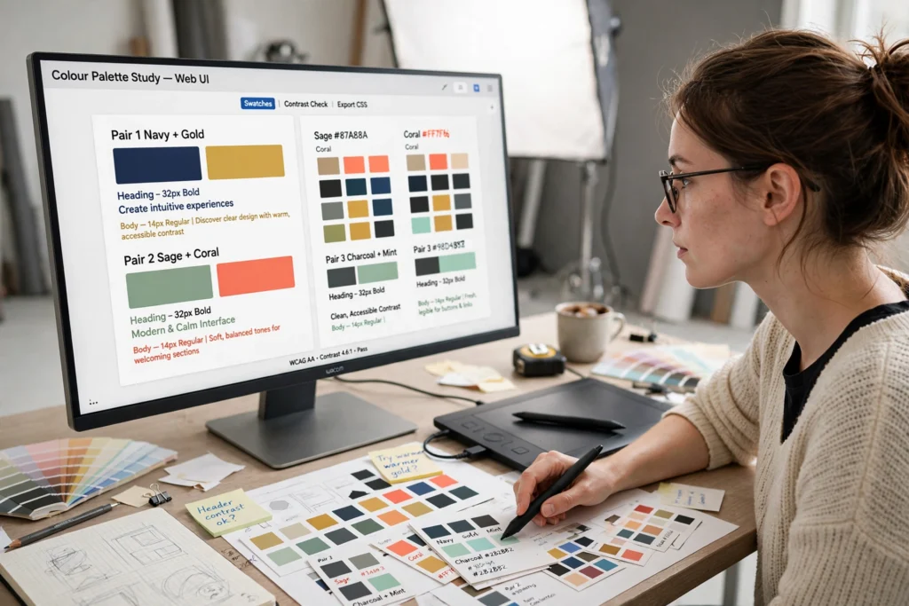 Contrast checker in use — a designer reviewing colour pairs and sample text on a monitor with printed swatches on the desk