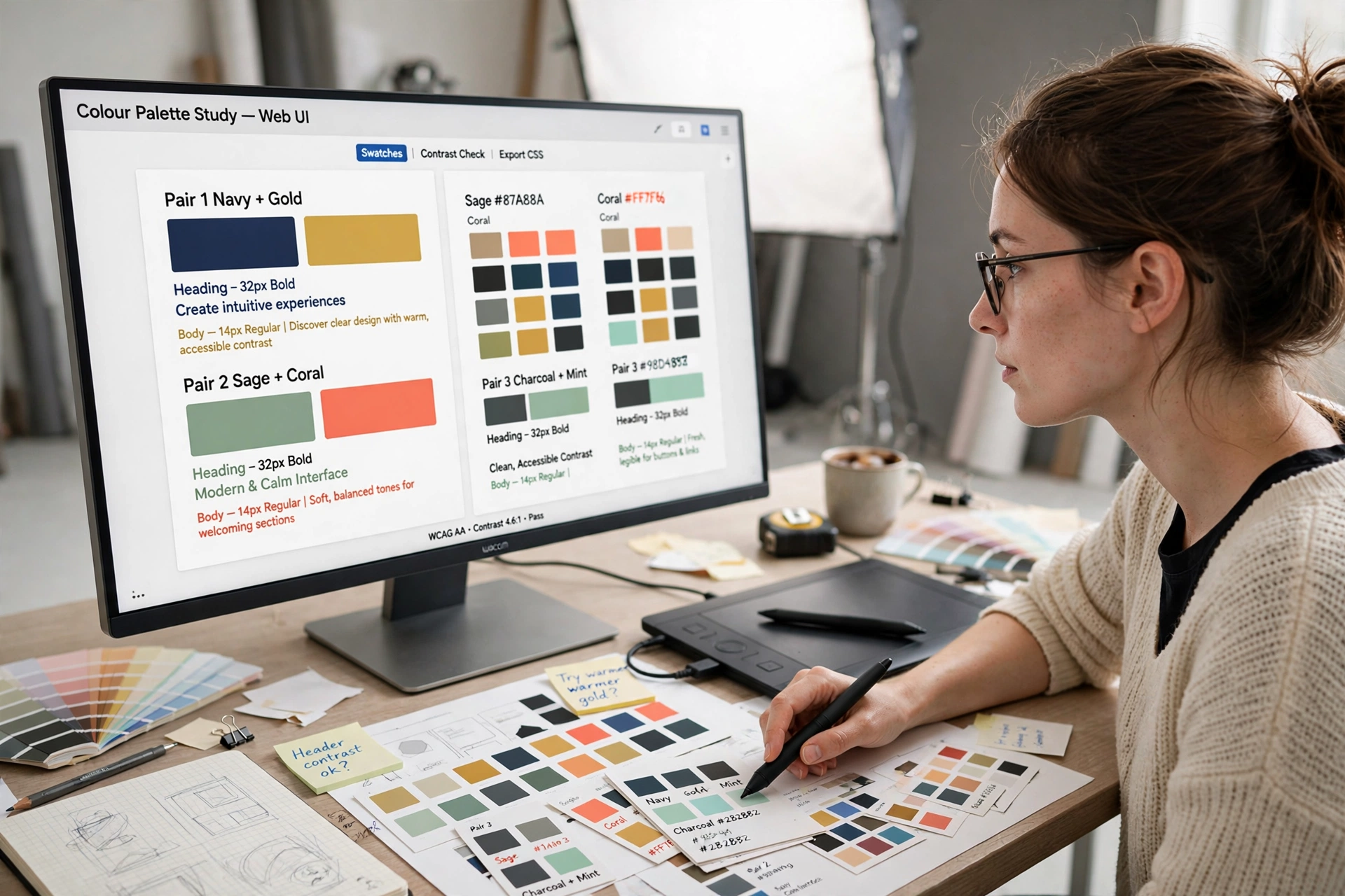 Contrast checker in use — a designer reviewing colour pairs and sample text on a monitor with printed swatches on the desk