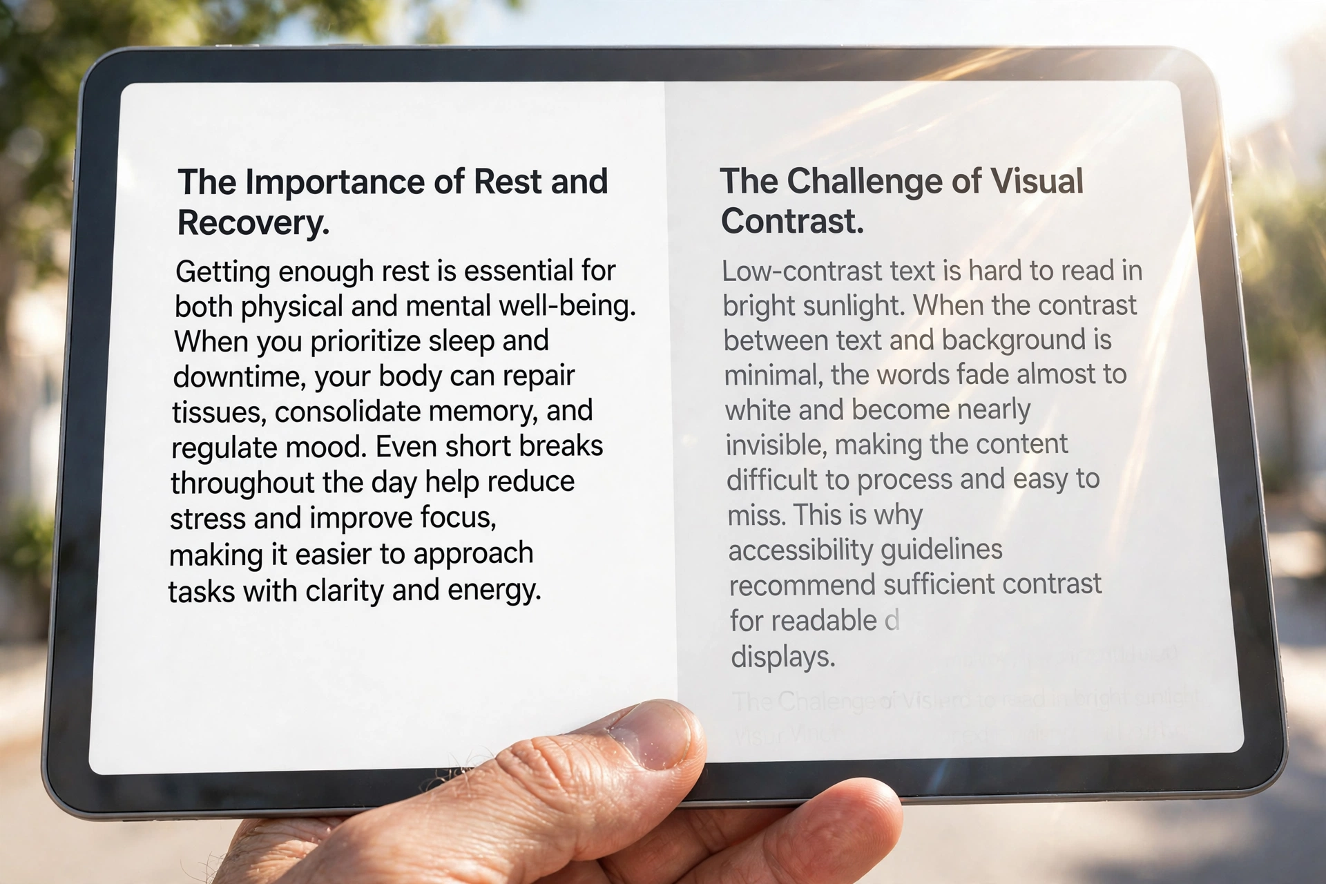 Low contrast text fading into a white page on a tablet in bright sunlight, next to crisp dark text that stays readable