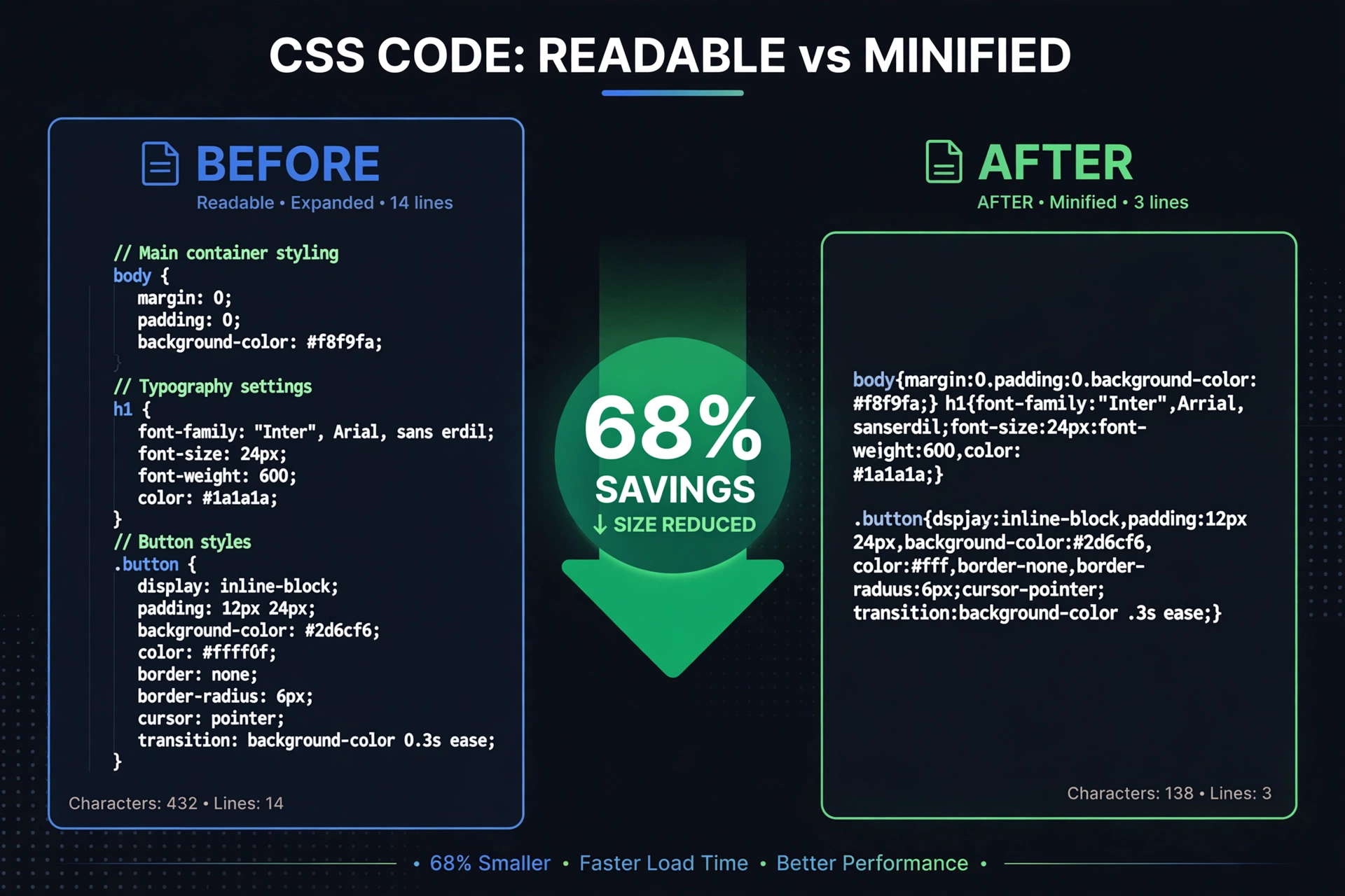 Before and after CSS minification — a tall, spacious stylesheet with comments and indentation compressed into a few compact lines