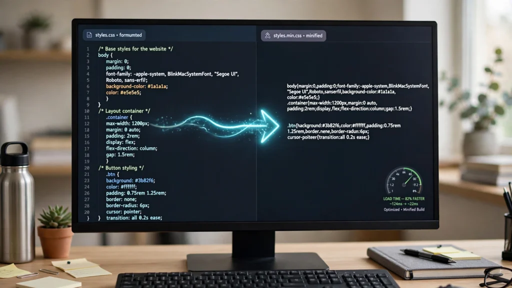 A developer minifying CSS — formatted code with comments compressing into compact lines on a monitor