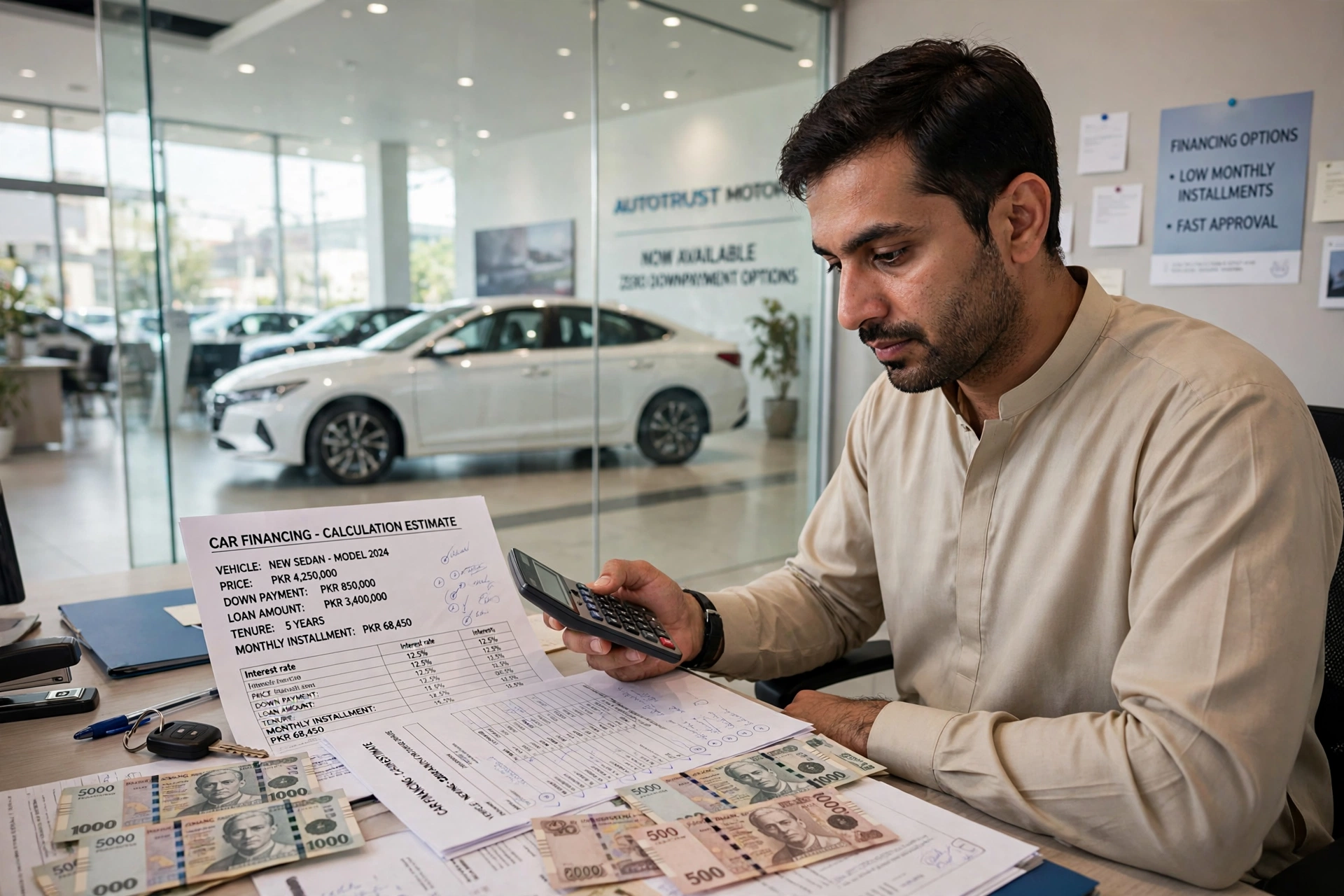 EMI calculator Pakistan — a man calculating his car loan monthly instalment at a showroom desk with financing papers, a calculator and Pakistani rupees