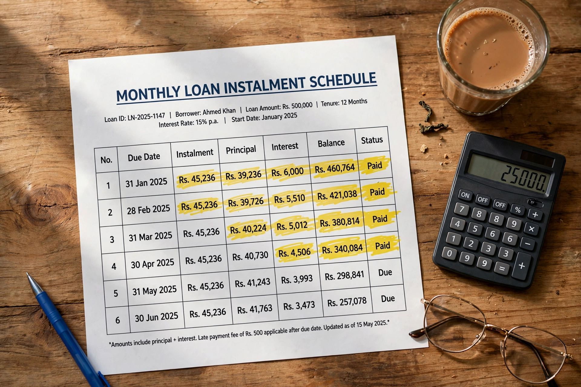 Monthly instalment schedule of a loan worked out with an EMI calculator Pakistan — principal and interest split with highlighted paid rows on a desk with a calculator and chai