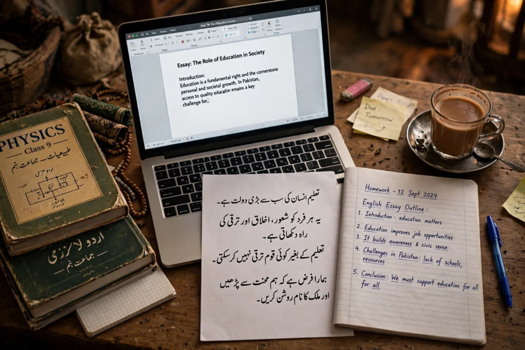 Text to handwriting converter in Urdu and English — a student's desk with a typed essay on a laptop beside printed handwritten Urdu and English pages