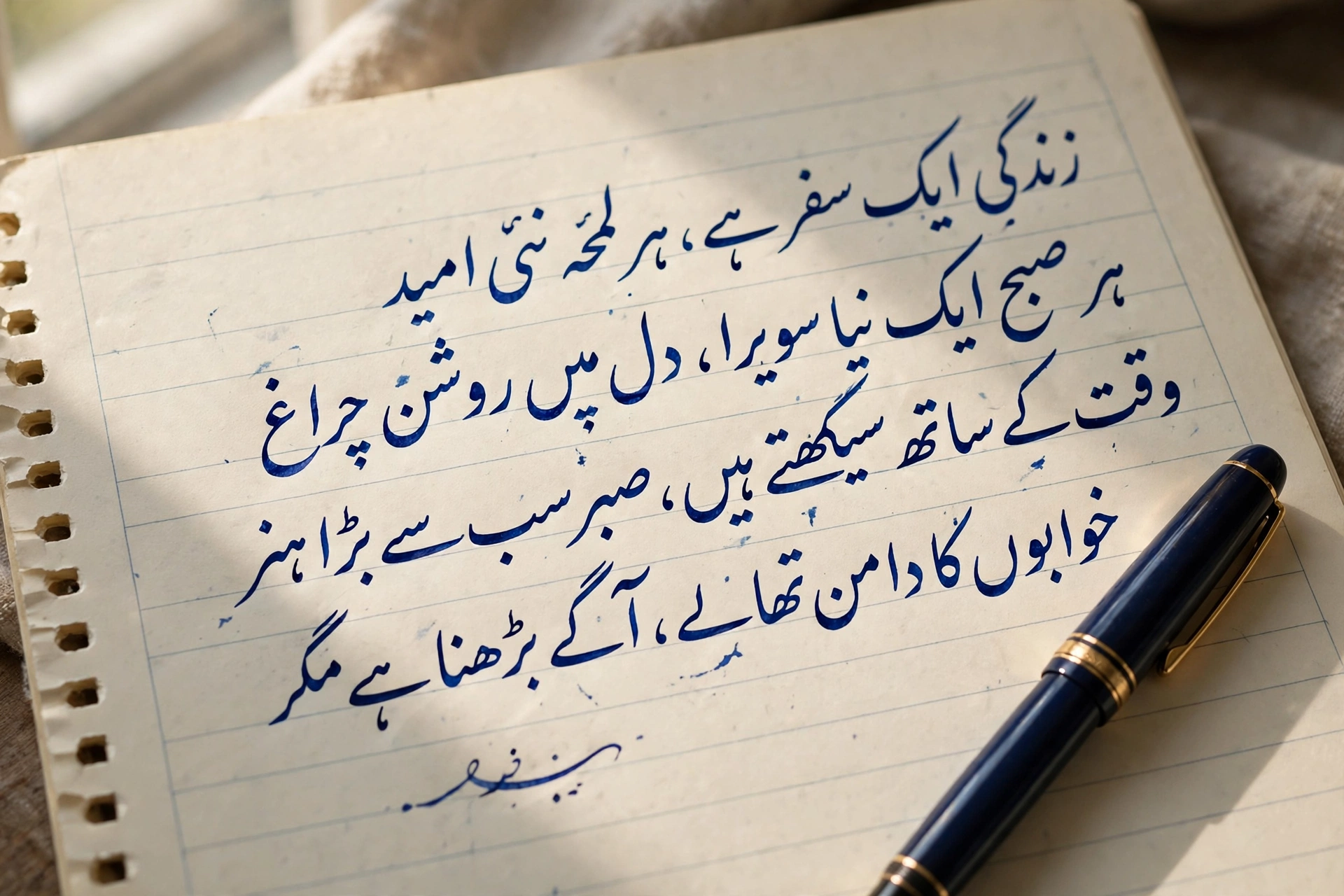 Urdu Nastaliq handwriting on ruled notebook paper with a fountain pen, produced with a text to handwriting converter in Urdu
