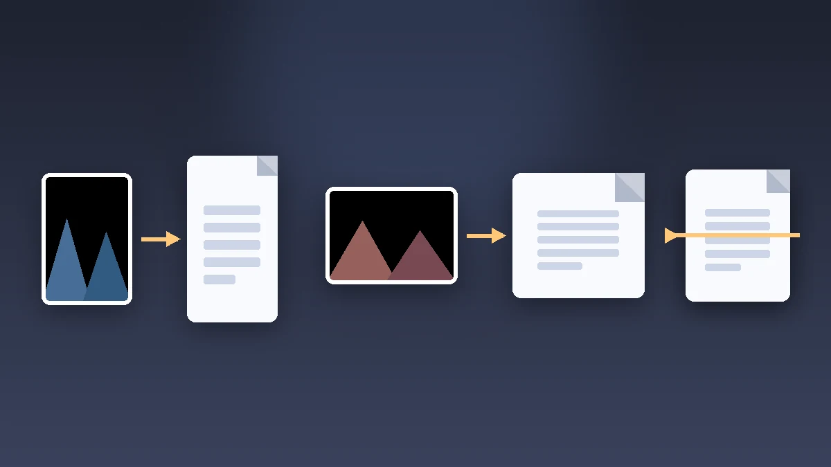 Three photos of different shapes each becoming a matching PDF page — portrait, landscape and square images keep their own page dimensions