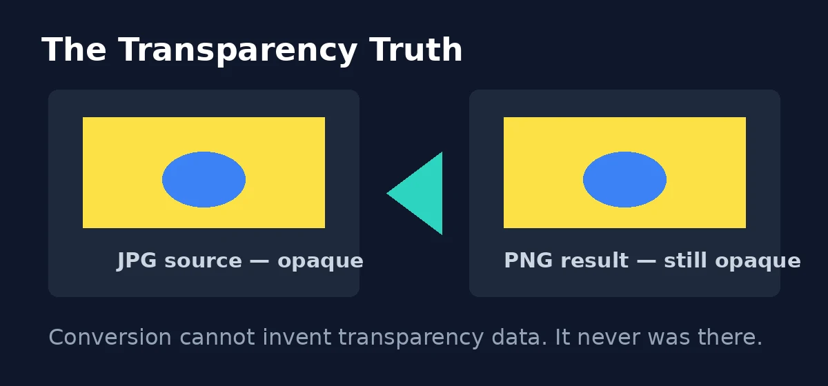 The transparency truth — an opaque JPG converts to an equally opaque PNG, since conversion cannot add transparency data