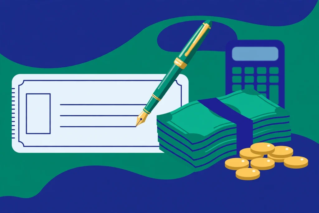 Number to words converter in rupees: writing a cheque amount in words with a fountain pen, banknotes and coins