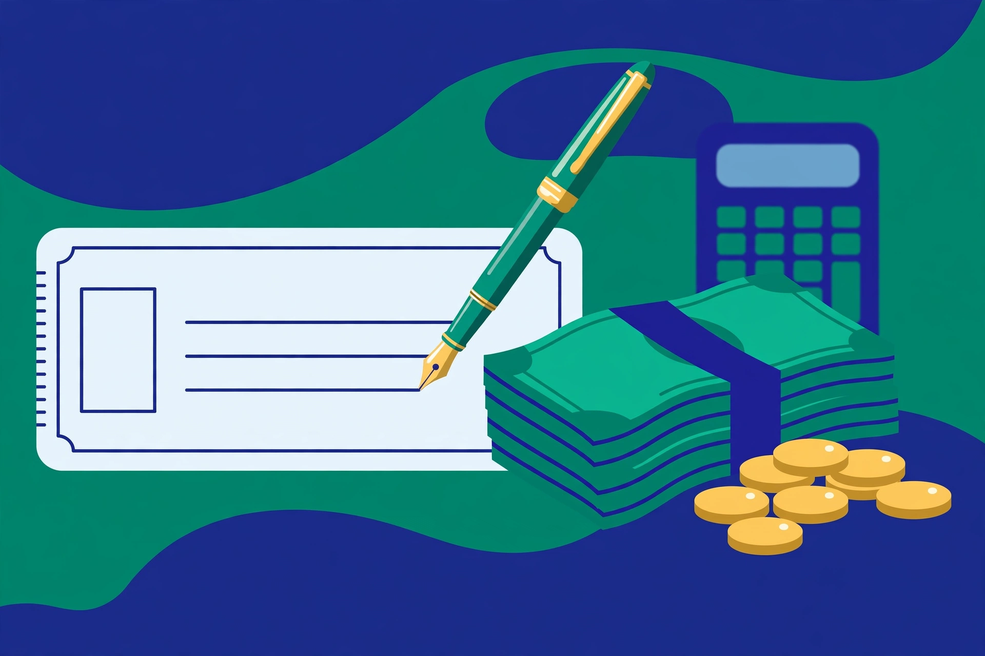Number to words converter in rupees: writing a cheque amount in words with a fountain pen, banknotes and coins