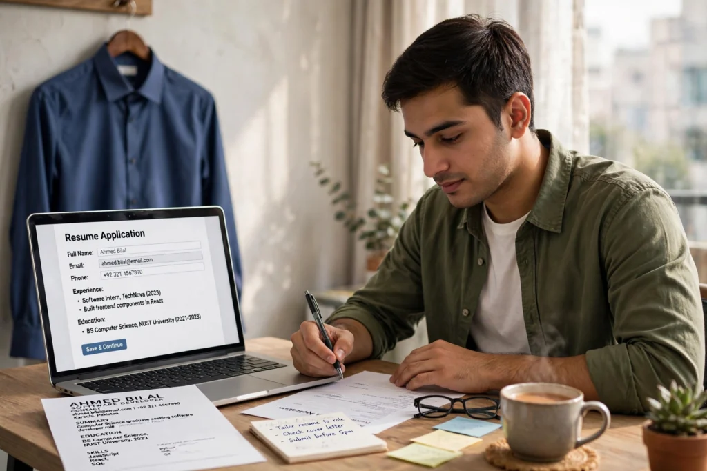 Free resume builder in use — a young graduate filling a resume form on a laptop with his printed CV and interview shirt ready