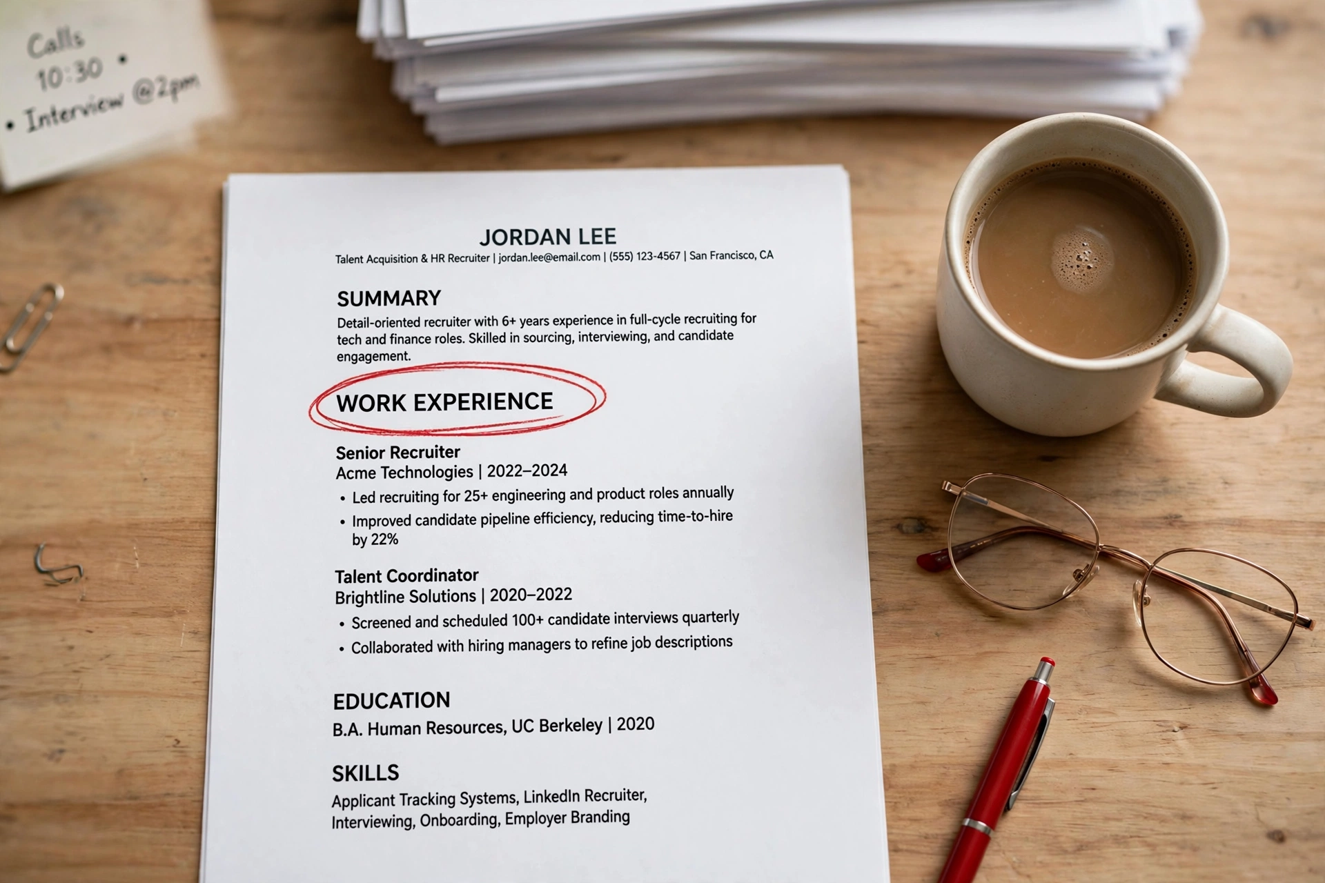 A recruiter reviewing a printed resume — the work experience section circled, with achievement bullets and numbers standing out