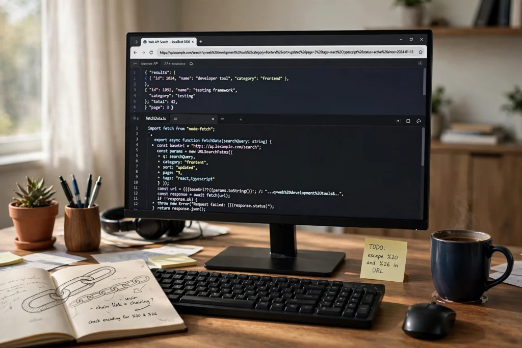 URL encoder at work — a developer's monitor showing an encoded web address with %20 and %26 in the browser bar and API code below
