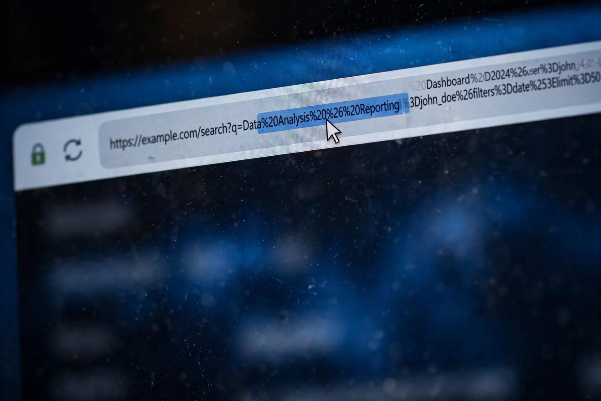 A browser address bar with an encoded URL — %20 for spaces and %26 for an ampersand — highlighted in the search query