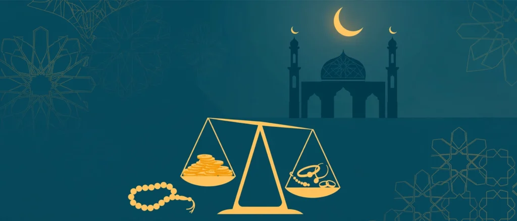 How to calculate zakat – illustrated with gold coins and jewellery on a balance scale, mosque and crescent moon