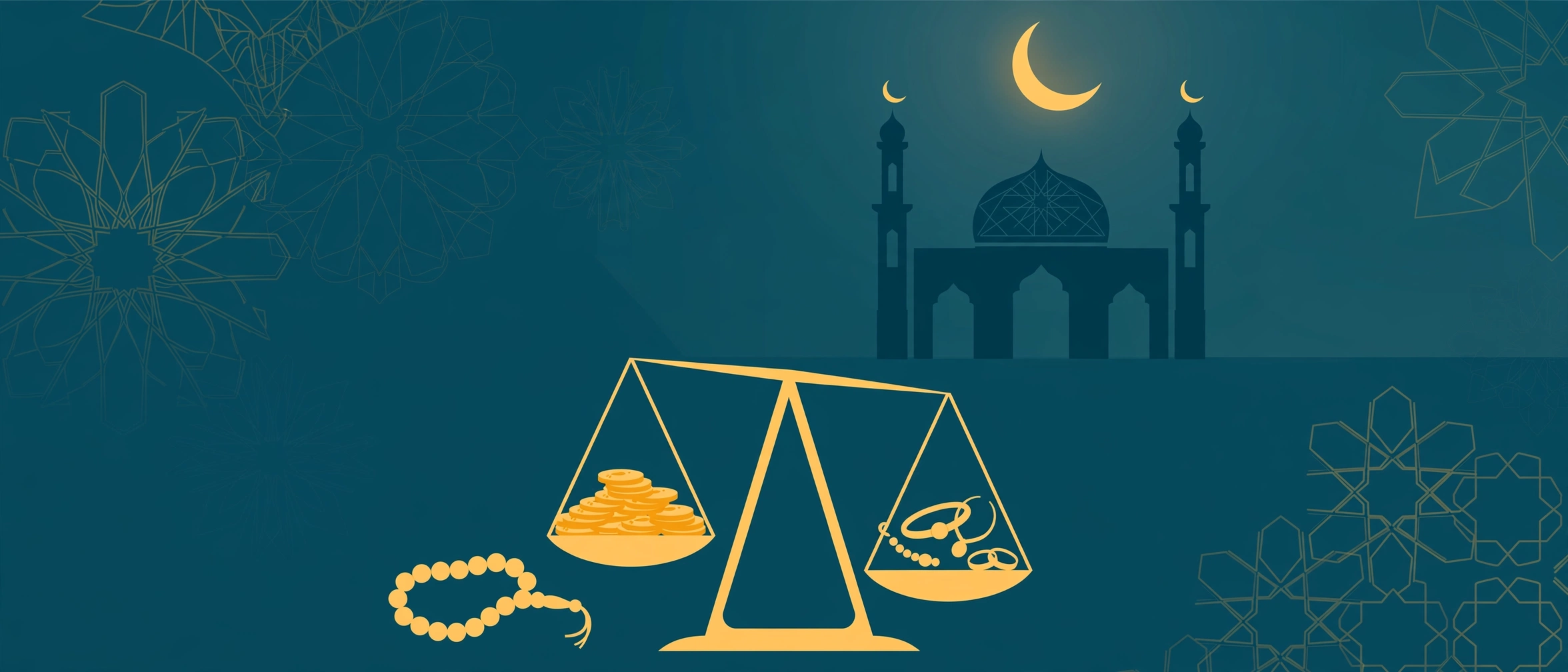 How to calculate zakat - illustrated with gold coins and jewellery on a balance scale, mosque and crescent moon